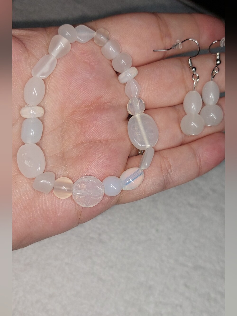 Delicate White Opal Glass Bead Bracelet & Earring Set